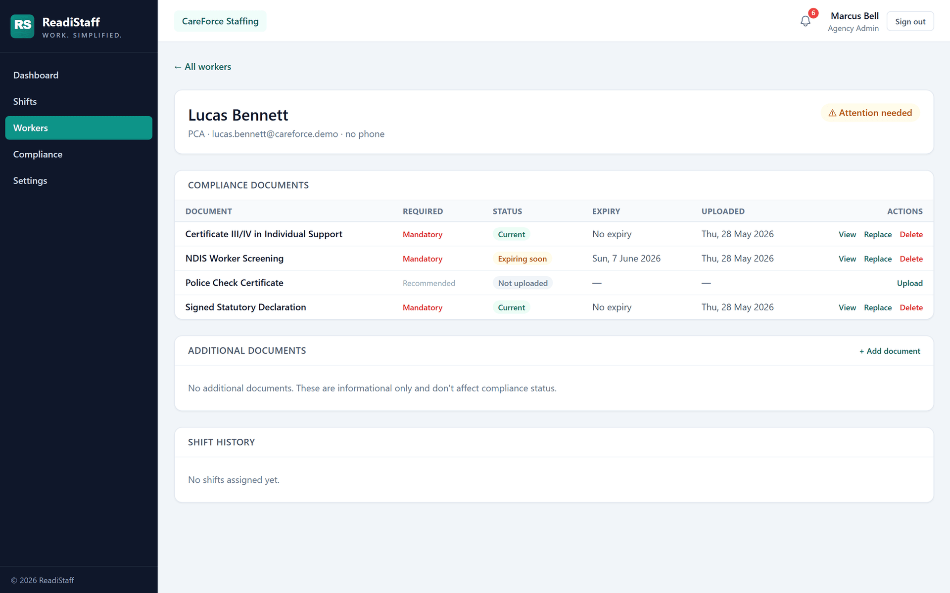 A worker's compliance documents in ReadiStaff — each with a current/expiring status and expiry date
