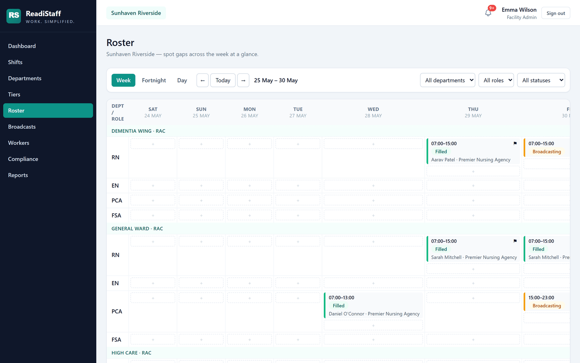 ReadiStaff roster — weekly coverage by department and role, colour-coded by shift status