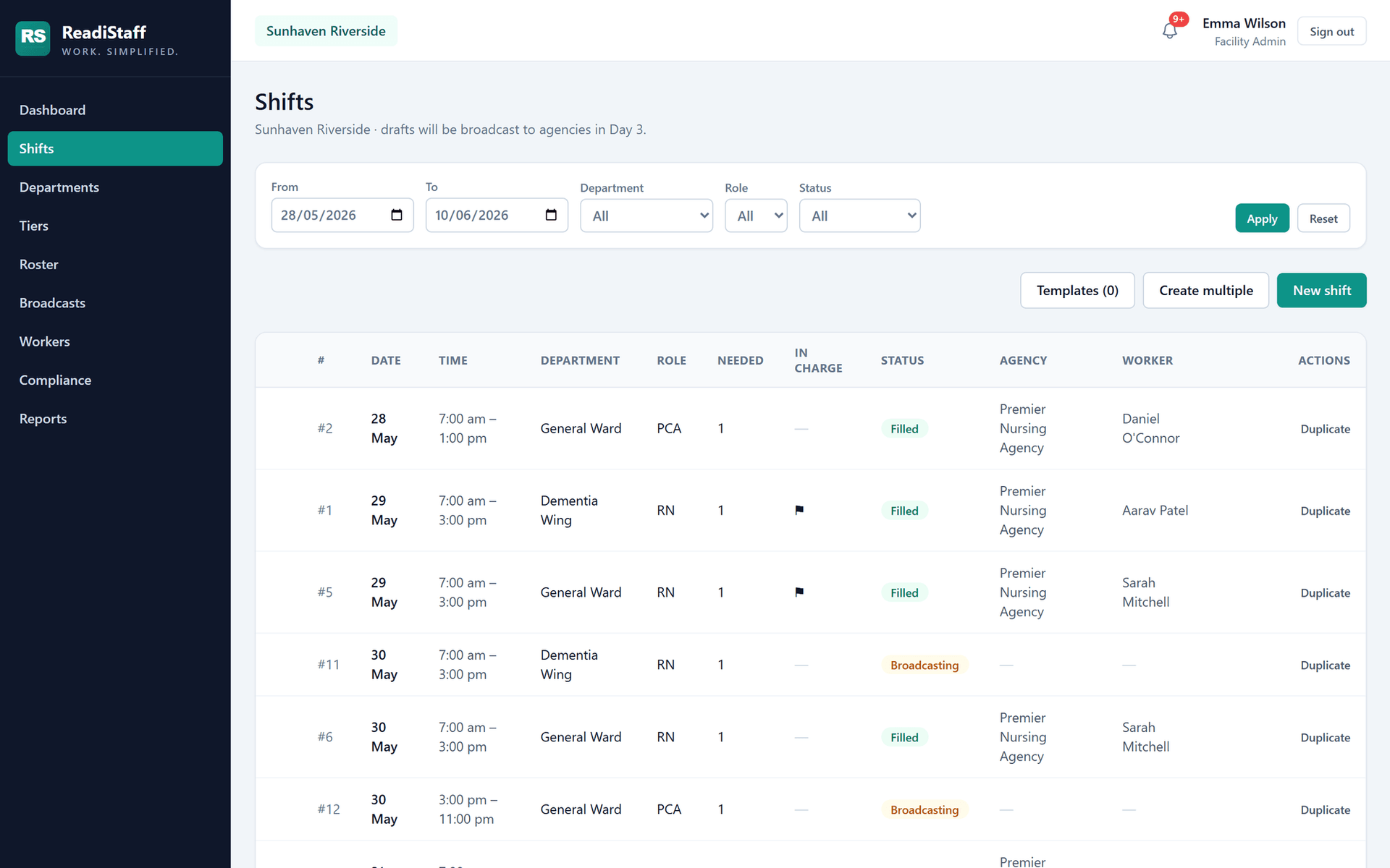 ReadiStaff shift list — create, broadcast and track shifts with live filled and broadcasting statuses